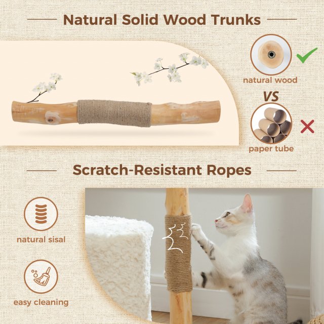 Modern Wood Cat Tree with Wicker Basket, Hammock & Scratching Posts - Image 5