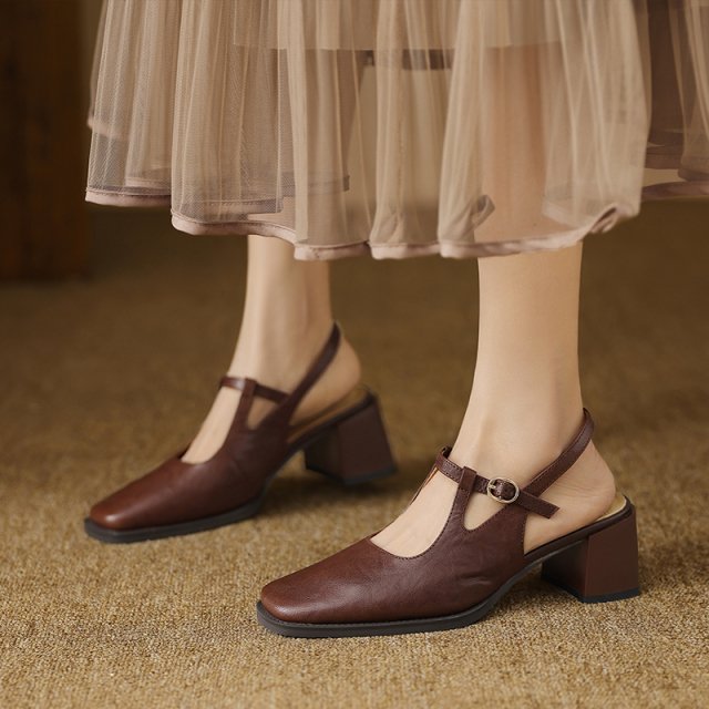 2025 Vintage T-Strap Leather Sandals for Women – Square Heel Summer Pumps - Image 4