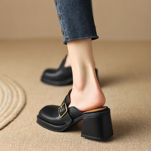 Elegant Summer Leather Mules for Women – Retro Slip-On Heels with Buckle - Image 2