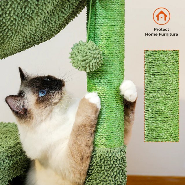 Cactus Cat Tree 40" with Scratching Post, Hammock, Condo & Batting Ball - Image 3