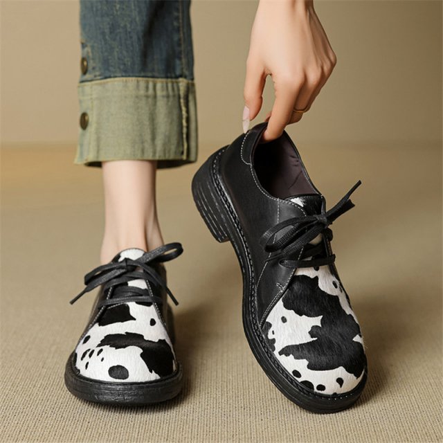 Mixed Color Horsehair Loafers for Women with Round Toe and Lace-Up Design - Image 5