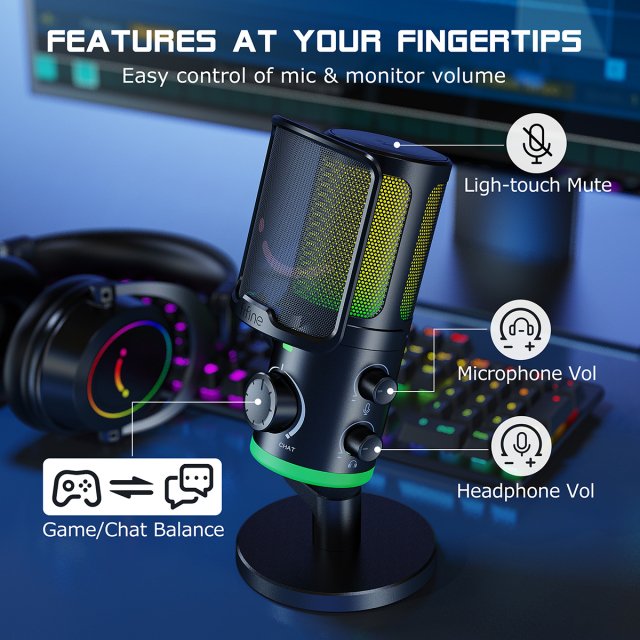 USB Condenser Gaming Microphone with Noise Cancellation, RGB, and Volume Balance - Image 4