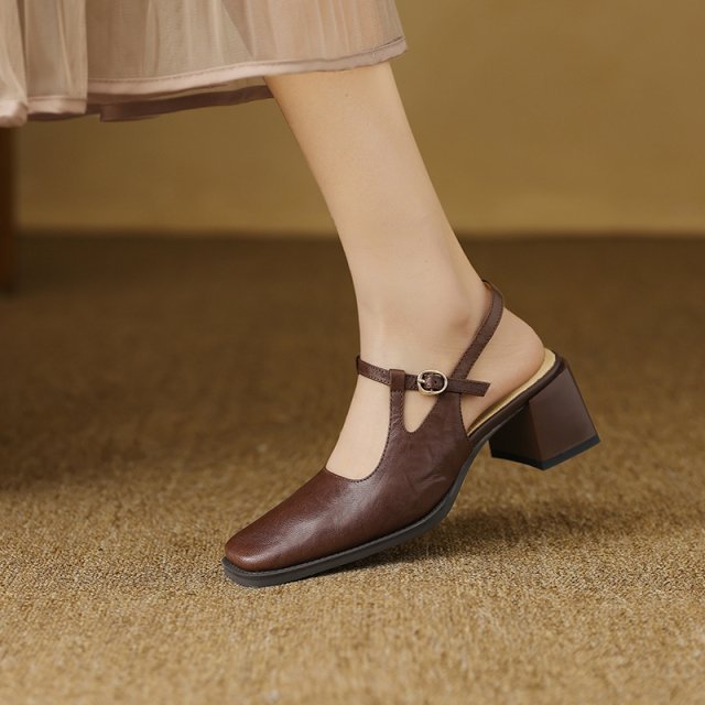 2025 Vintage T-Strap Leather Sandals for Women – Square Heel Summer Pumps - Image 3
