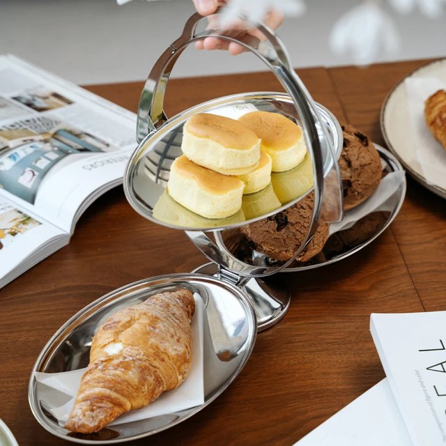 Nordic 3-Tier Stainless Steel Folding Dessert Tray with Handle - Image 6