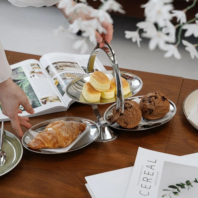 Nordic 3-Tier Stainless Steel Folding Dessert Tray with Handle - Image 5