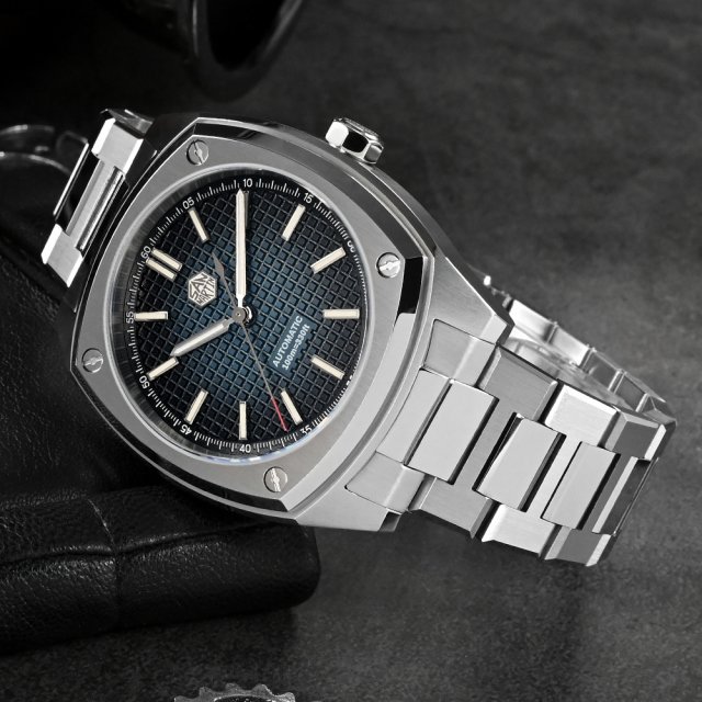 Men's 39.5mm Square Automatic Watch with Stainless Steel Band & Textured Dial - Image 3