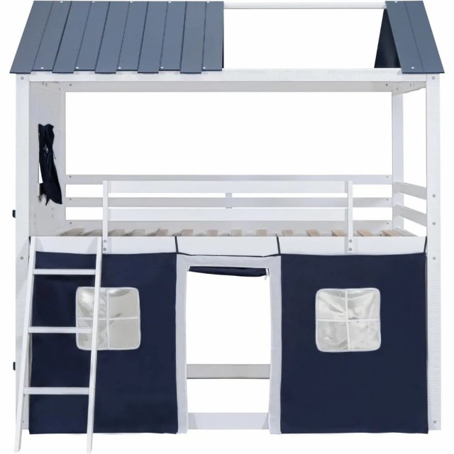 Full Size Loft Bunk Bed with Tent, House Design, Guardrails, Ladder & Windows - Image 6