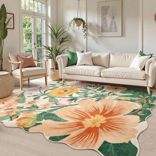 Black Floral Shaped Washable Rug - Image 7