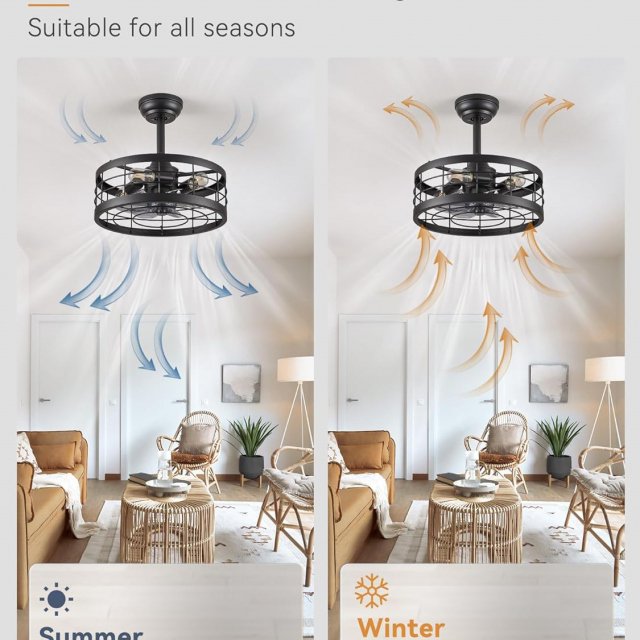 16.5" Black Industrial Caged Ceiling Fan with Light and Remote Control - Image 4
