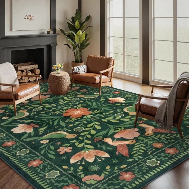 Birds Floral Washable Foldable Cashmere Rug for Living Room & Bedroom - Image 3