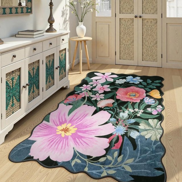 Black Floral Shaped Washable Rug - Image 3