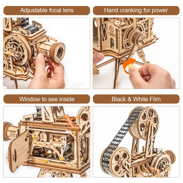 DIY Retro 3D Wooden Film Projector Kit with Hand Crank – 183 Pieces - Image 4