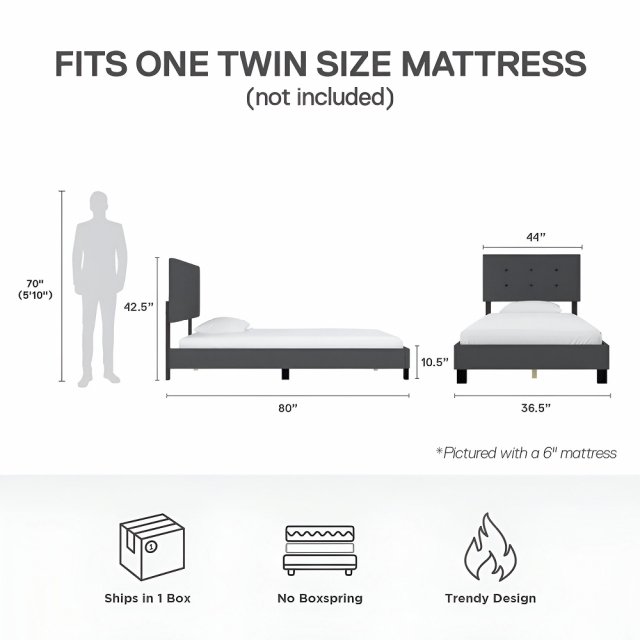 Gray Linen Upholstered Twin Bed with Cushioned Headboard for Kids Bedroom - Image 3