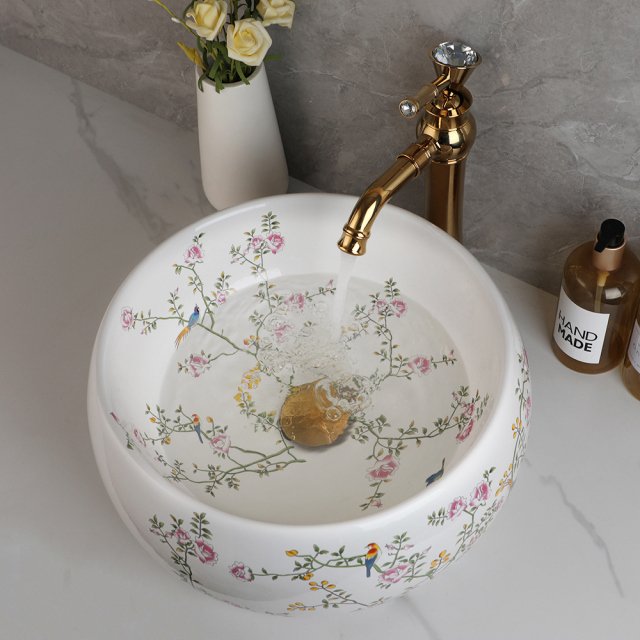 Luxury Ceramic Bathroom Vessel Basin Sink with Flower & Bird Design and Gold Faucet - Image 4