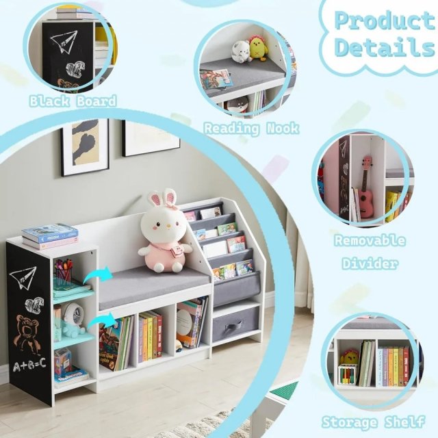 Montessori 5-in-1 Kids Reading Nook with Sling Bookshelf, Toy Organizer, and Bench - Image 4