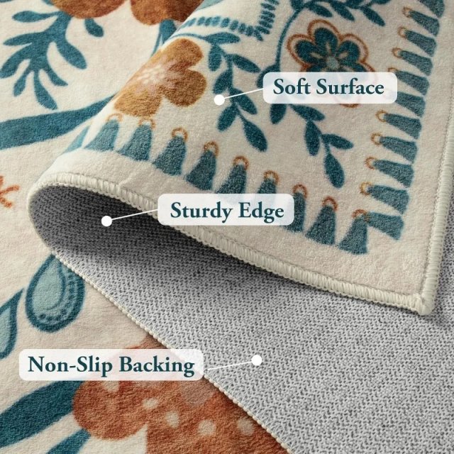 Birds Floral Washable Foldable Cashmere Rug for Living Room & Bedroom - Image 7