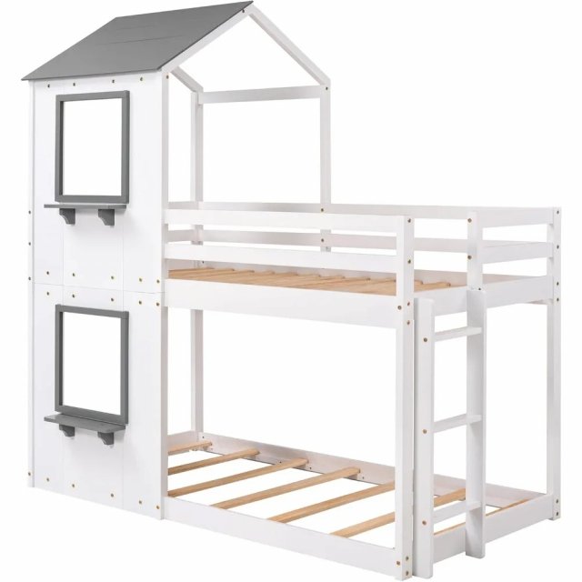 Wooden Twin Over Twin House Bunk Bed with Roof, Windows & Ladders for Kids - Image 6
