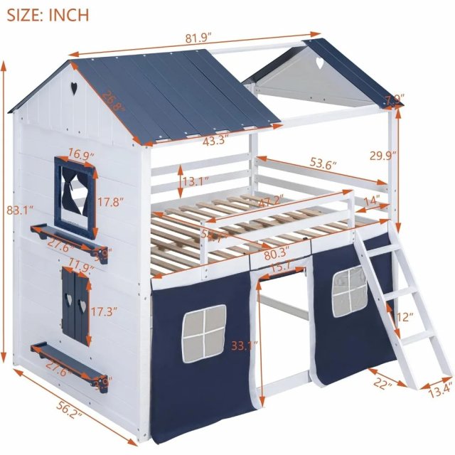 Full Size Loft Bunk Bed with Tent, House Design, Guardrails, Ladder & Windows - Image 3