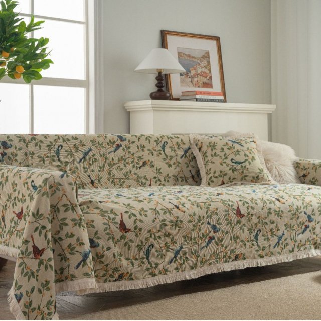 Jacquard Green Retro Bird Sofa Cover - Image 3