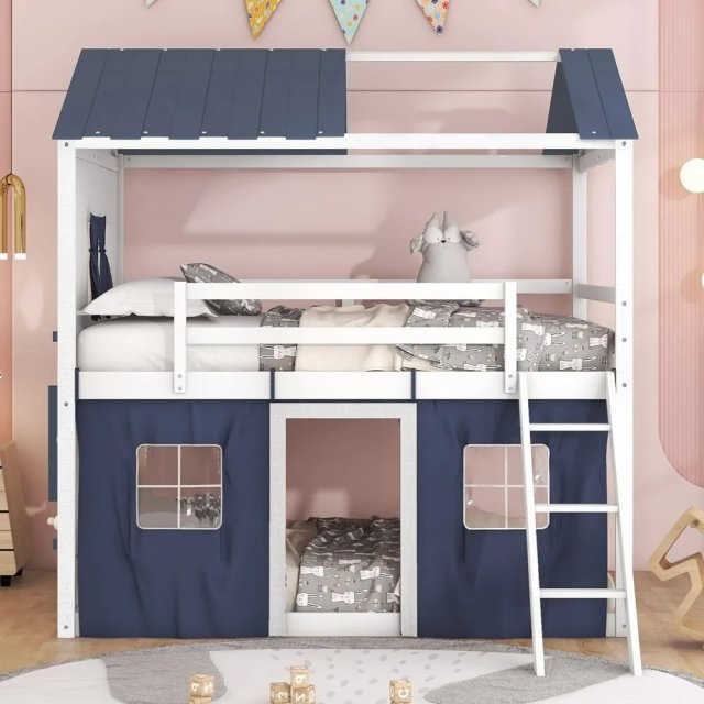 Full Size Loft Bunk Bed with Tent, House Design, Guardrails, Ladder & Windows - Image 7