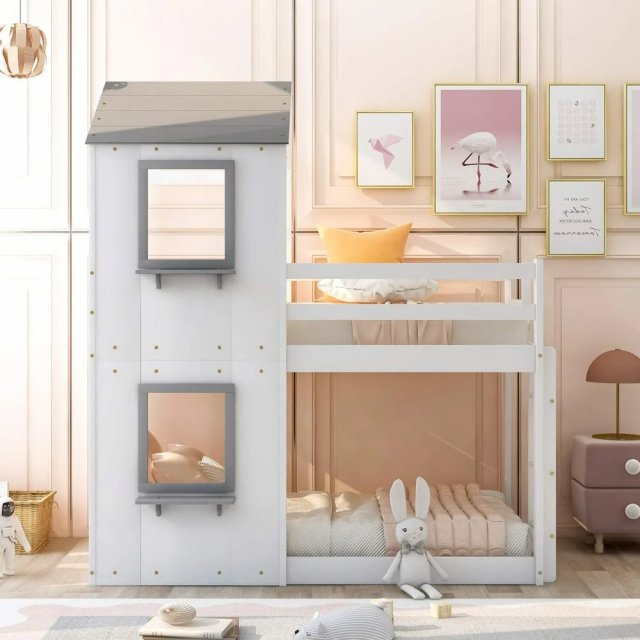 Wooden Twin Over Twin House Bunk Bed with Roof, Windows & Ladders for Kids - Image 3