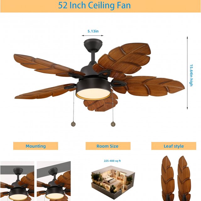 52 Inch Tropical Palm Leaf Ceiling Fan with Light, Indoor Outdoor Pull Chain Fan - Image 7