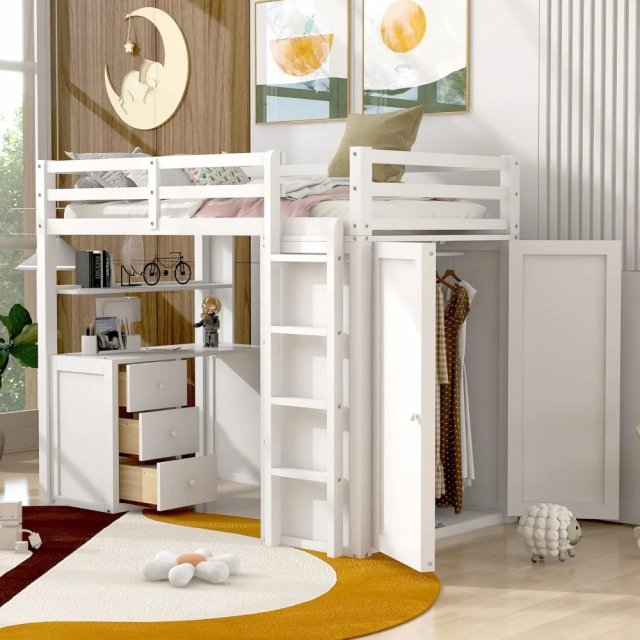 Twin Loft Bed with Desk, Wardrobe, and Storage Drawers - Image 4