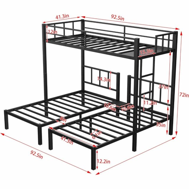Black Metal Triple Bunk Beds, Twin Over Twin & Twin with Guardrails, Can Be Separated - Image 7