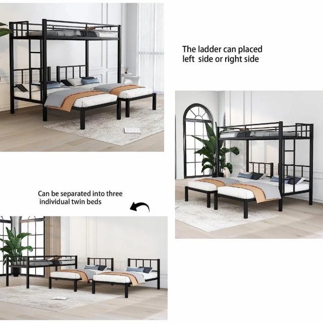 Black Metal Triple Bunk Beds, Twin Over Twin & Twin with Guardrails, Can Be Separated - Image 6