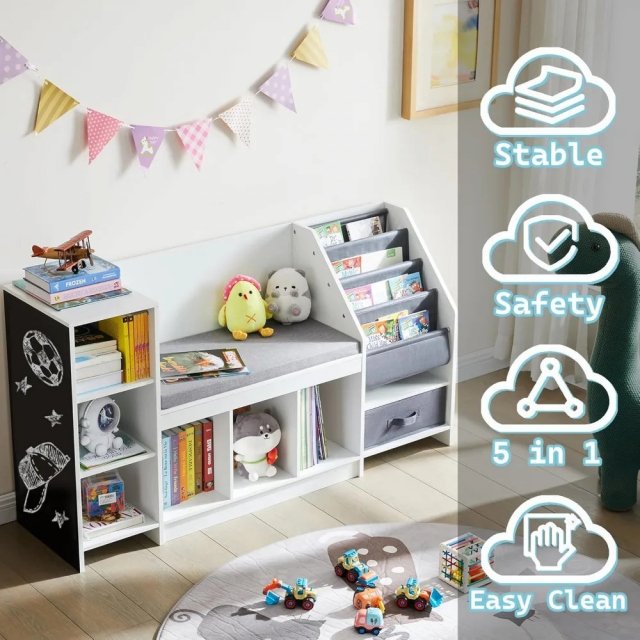 Montessori 5-in-1 Kids Reading Nook with Sling Bookshelf, Toy Organizer, and Bench - Image 3