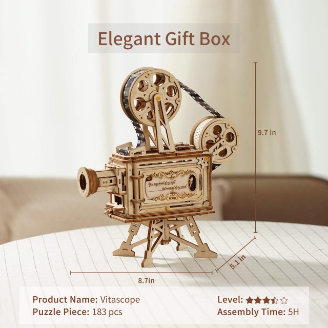 DIY Retro 3D Wooden Film Projector Kit with Hand Crank – 183 Pieces - Image 2