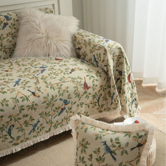 Jacquard Green Retro Bird Sofa Cover - Image 4
