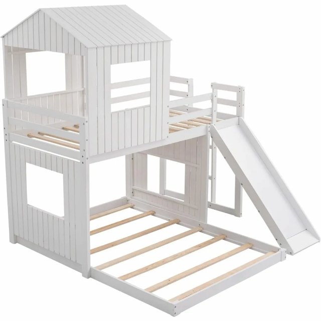Wooden Twin Over Full Bunk Beds with Slide, Roof & Guard Rail for Kids - Image 5