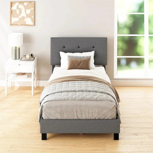 Gray Linen Upholstered Twin Bed with Cushioned Headboard for Kids Bedroom - Image 4