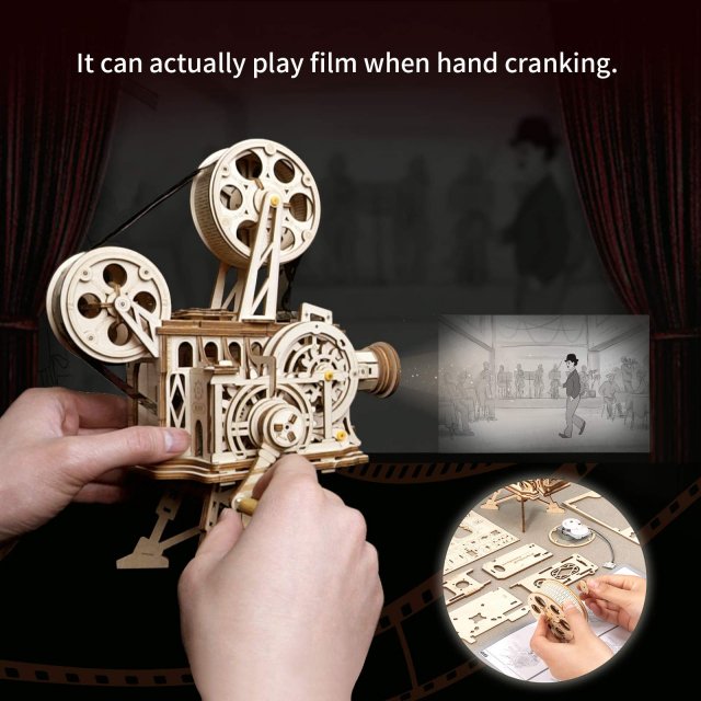 DIY Retro 3D Wooden Film Projector Kit with Hand Crank – 183 Pieces - Image 3
