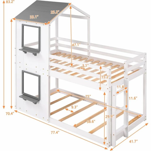 Wooden Twin Over Twin House Bunk Bed with Roof, Windows & Ladders for Kids - Image 7