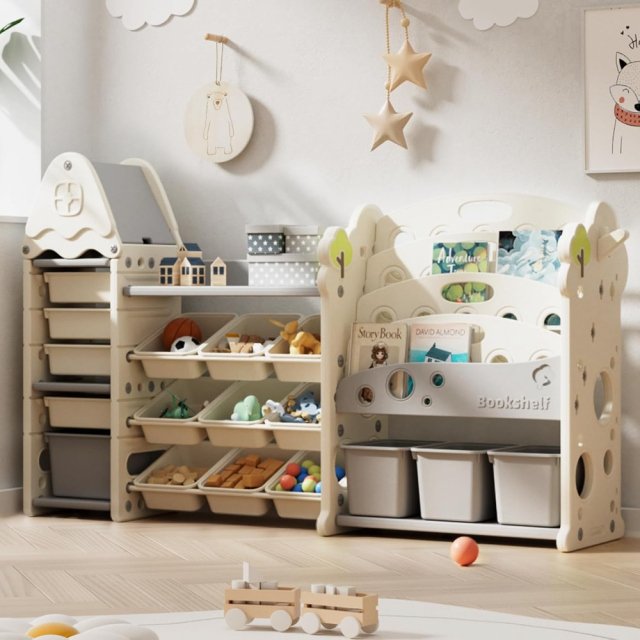 Castle-Shaped Kids Toy Organizer with 4-Tier Bookshelf and 17 Storage Bins - Image 6