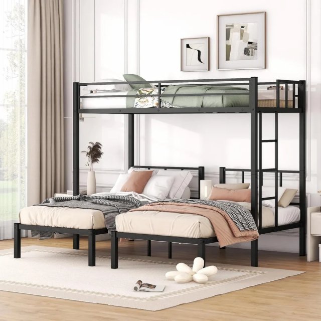 Black Metal Triple Bunk Beds, Twin Over Twin & Twin with Guardrails, Can Be Separated - Image 4