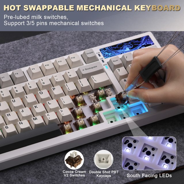Wireless 98% Mechanical Gaming Keyboard – Hot Swappable, RGB Backlit, White - Image 3