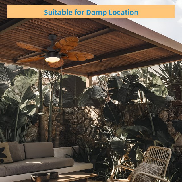 52 Inch Tropical Palm Leaf Ceiling Fan with Light, Indoor Outdoor Pull Chain Fan - Image 4