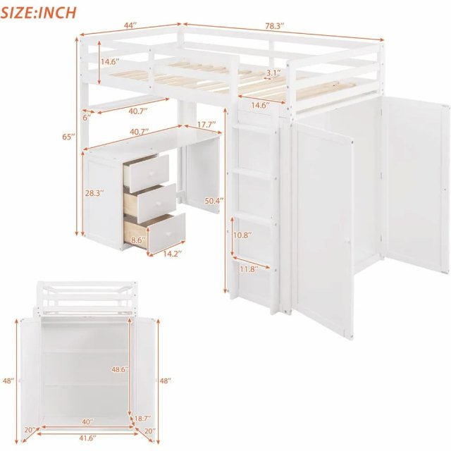 Twin Loft Bed with Desk, Wardrobe, and Storage Drawers - Image 3