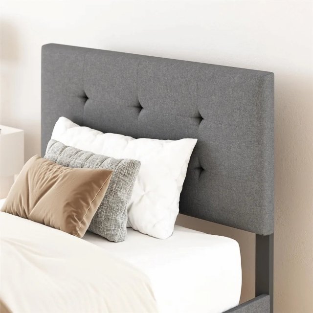 Gray Linen Upholstered Twin Bed with Cushioned Headboard for Kids Bedroom - Image 5
