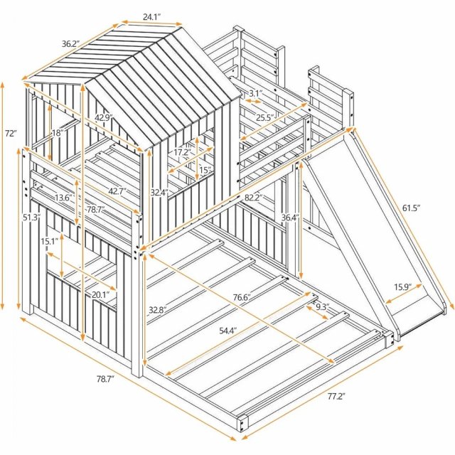 Wooden Twin Over Full Bunk Beds with Slide, Roof & Guard Rail for Kids - Image 7
