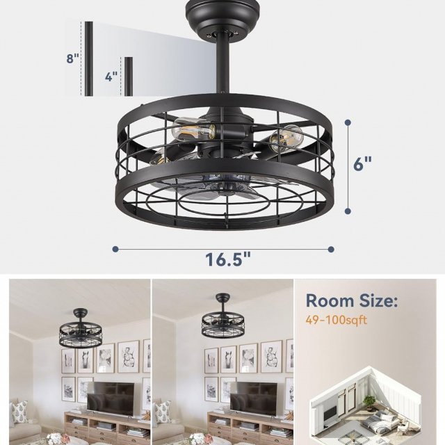 16.5" Black Industrial Caged Ceiling Fan with Light and Remote Control - Image 8