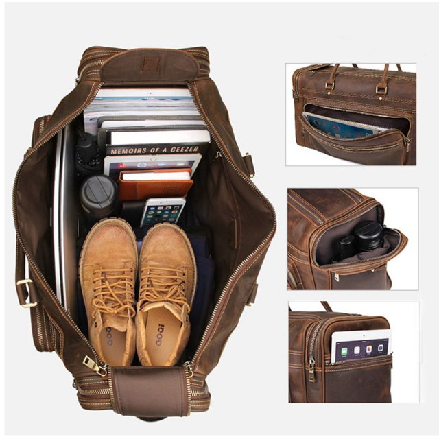 Genuine Leather Men’s Travel Duffel Bag – Large Cowhide Weekend Luggage Tote - Image 7