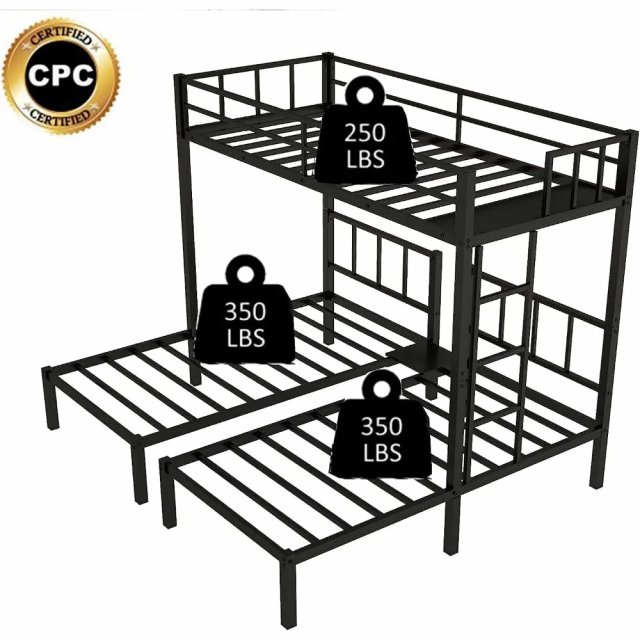 Black Metal Triple Bunk Beds, Twin Over Twin & Twin with Guardrails, Can Be Separated - Image 5
