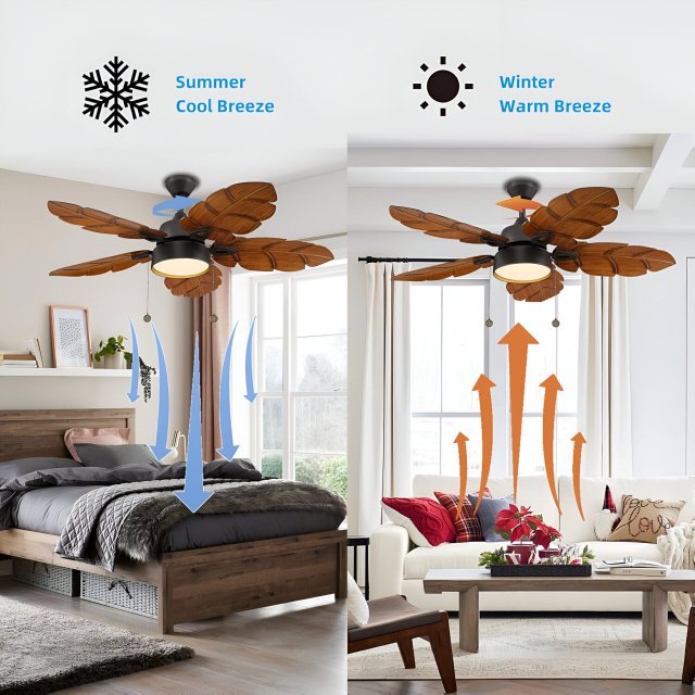 52 Inch Tropical Palm Leaf Ceiling Fan with Light, Indoor Outdoor Pull Chain Fan - Image 5