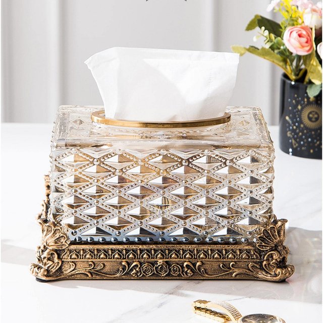 Vintage European Glass Tissue Box with Carved Resin Flower Base - Image 2