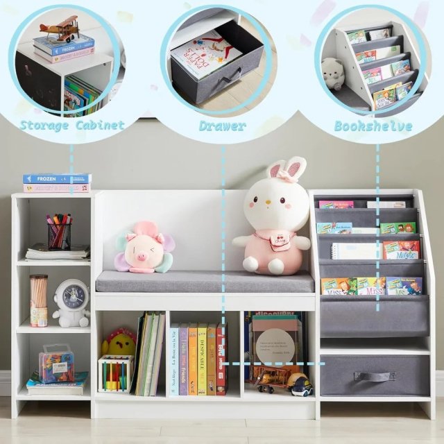 Montessori 5-in-1 Kids Reading Nook with Sling Bookshelf, Toy Organizer, and Bench - Image 2