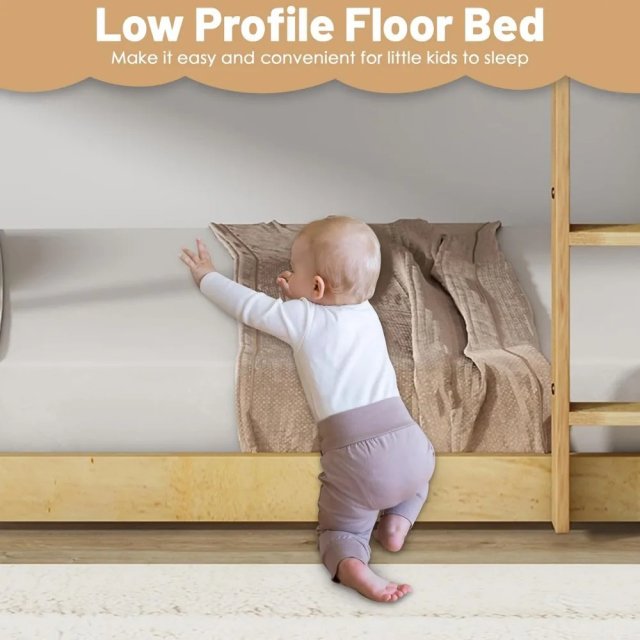 Twin Over Twin Low Bunk Bed with Ladder and Guardrails for Kids - Image 5
